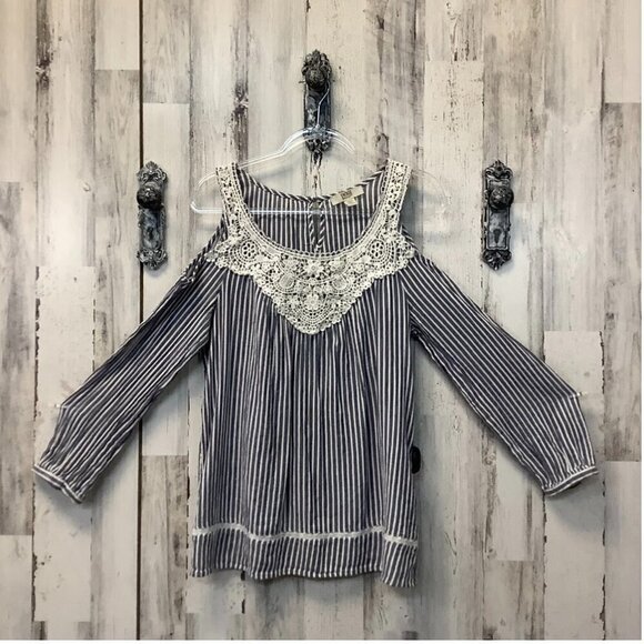 Vintage America Tops - Vintage America Blues Cold Shoulder Crochet Lace Blouse Top Blue Stripes Size M